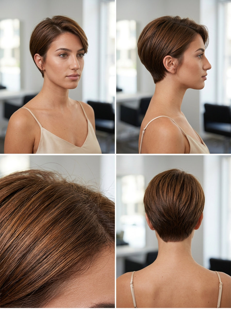 short crop haircut in syrup brunette with subtle golden undertones and natural side part for minimalist look