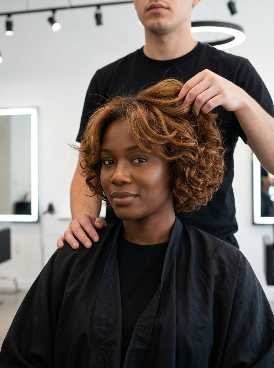 short curly crop haircut with syrup brunette and soft face-framing pieces for natural waves