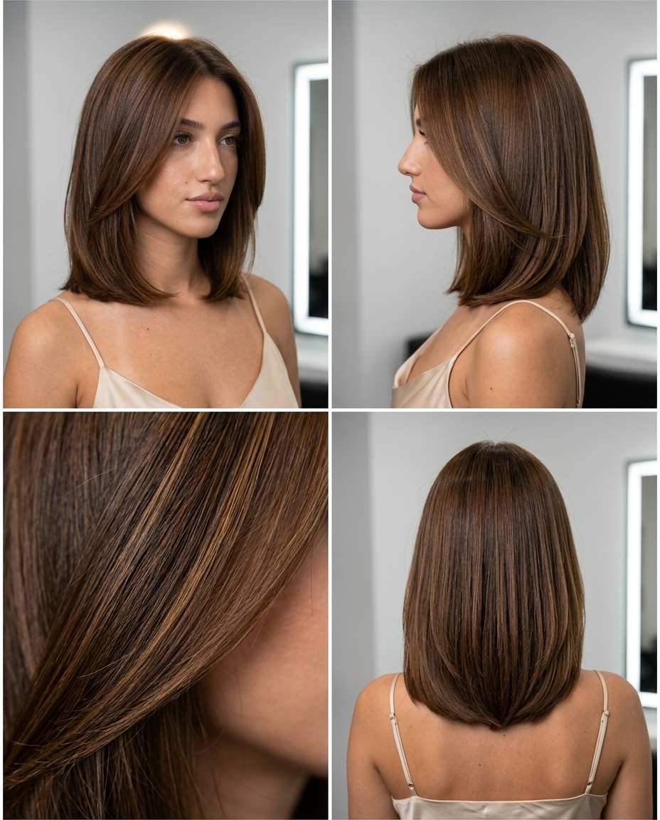 shoulder-length brown bob with caramel ribbons and deep side part for work