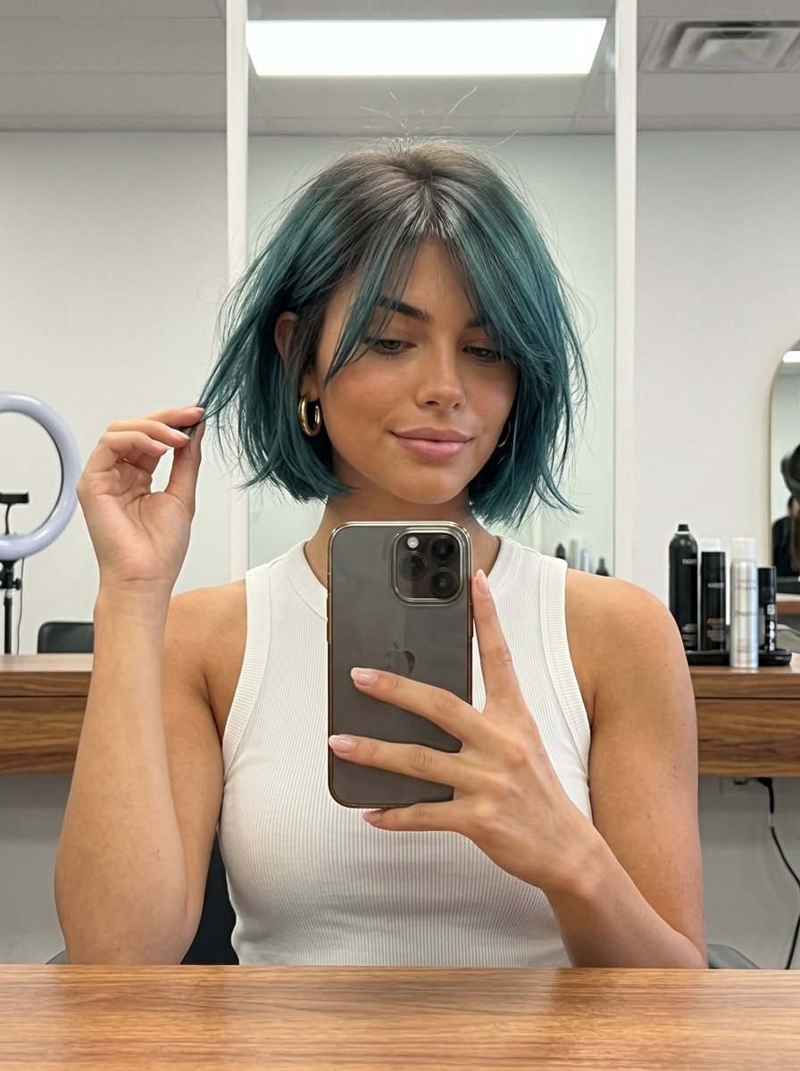 short french bob haircut in vibrant teal with cool ash brown root smudge, razored perimeter, playful fringe — edgy festival look