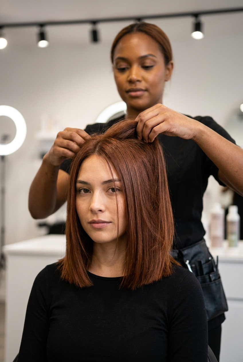 collarbone terracotta brown hair with copper gloss, blunt cut, no bangs — sleek professional lob