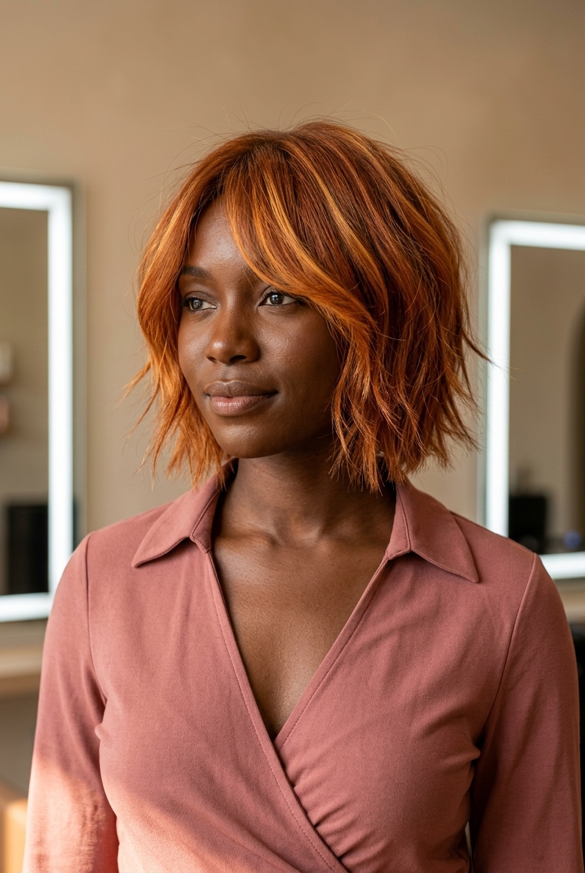 jawline-chin length textured bob haircut with terracotta copper golden auburn balayage, shaggy layers, face-framing — fiery