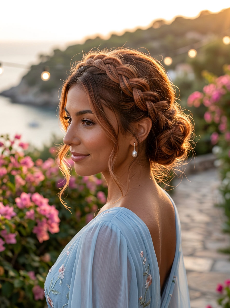 Romantic Braided Copper Bun 2026 long terracotta copper braided bun with auburn lowlights, French braid technique for summer 2026