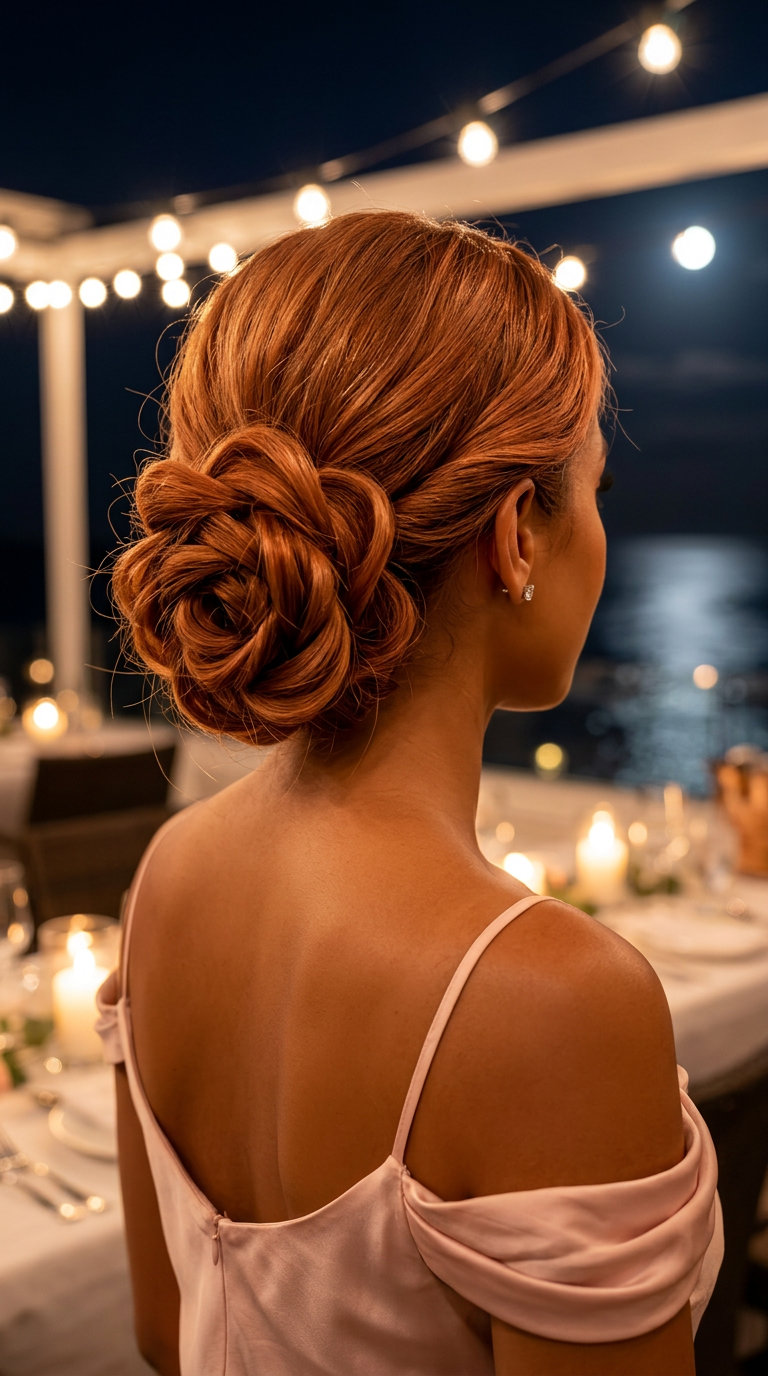 Romantic Rosette Bun 2026 long terracotta copper rosette bun with soft petals for summer 2026