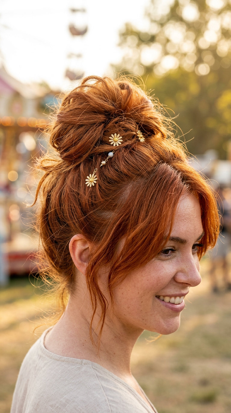 Festival Frolic Messy Bun 2026 terracotta copper messy high bun with face-framing pieces and ribbon for festivals