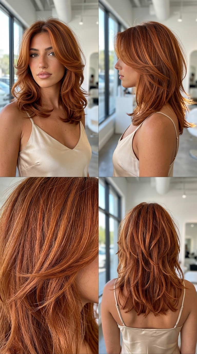 mid-length butterfly shag haircut in terracotta copper with face-framing layers for round faces