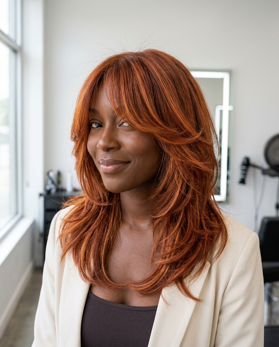 heavily layered shag haircut with terracotta copper & auburn lowlights, long curtain bangs — bold retro look