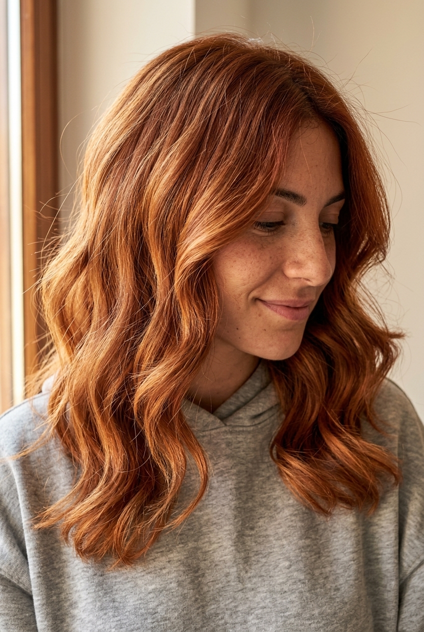 shoulder-length layered haircut with terracotta copper & golden-copper balayage, outward flick, no bangs — playful festival look