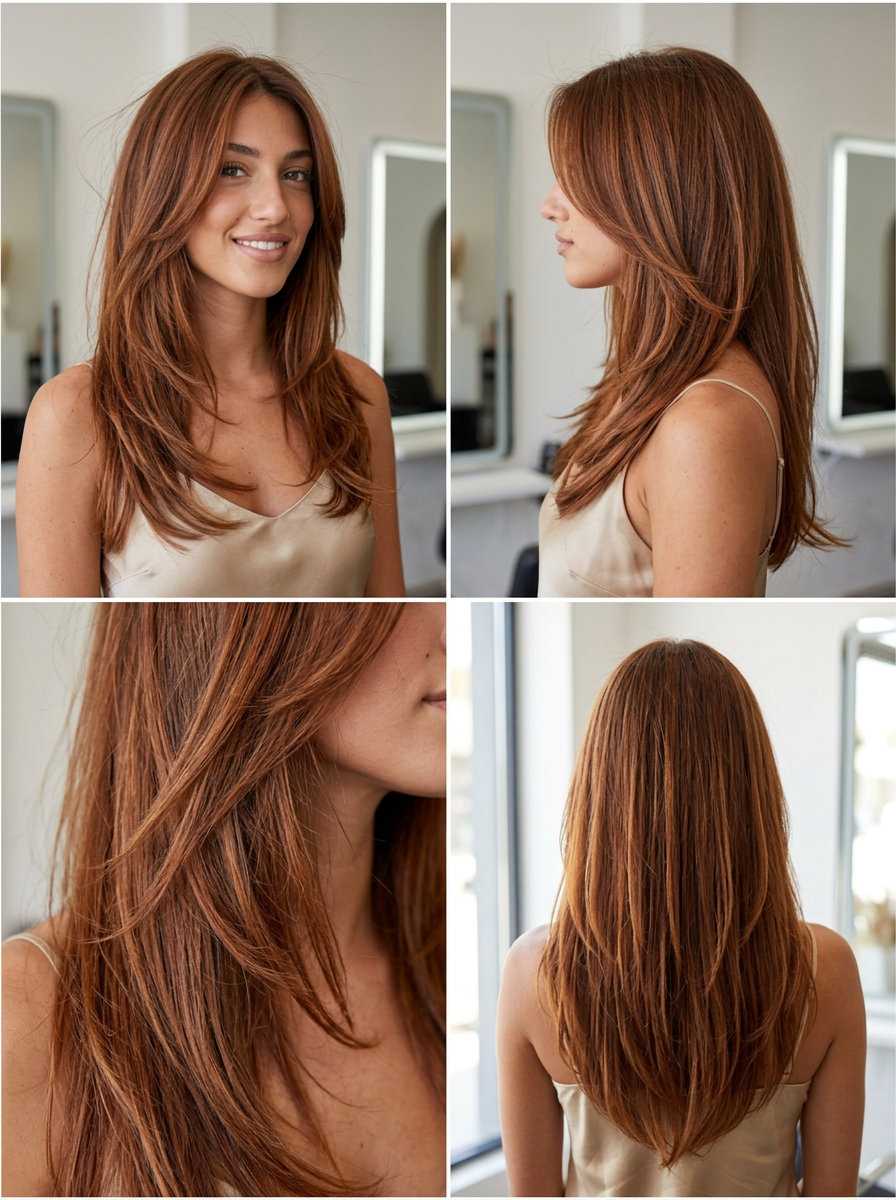 long terracotta brown hair with copper-gold undertones, sweeping layers, no bangs — bohemian romantic style