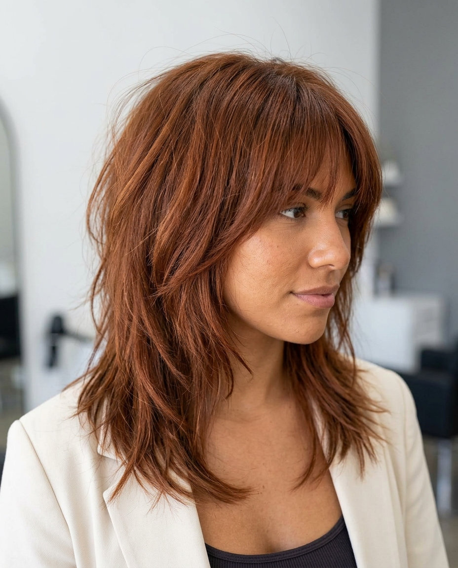 medium shag haircut in terracotta brown with copper undertones and wispy fringe for summer 2026