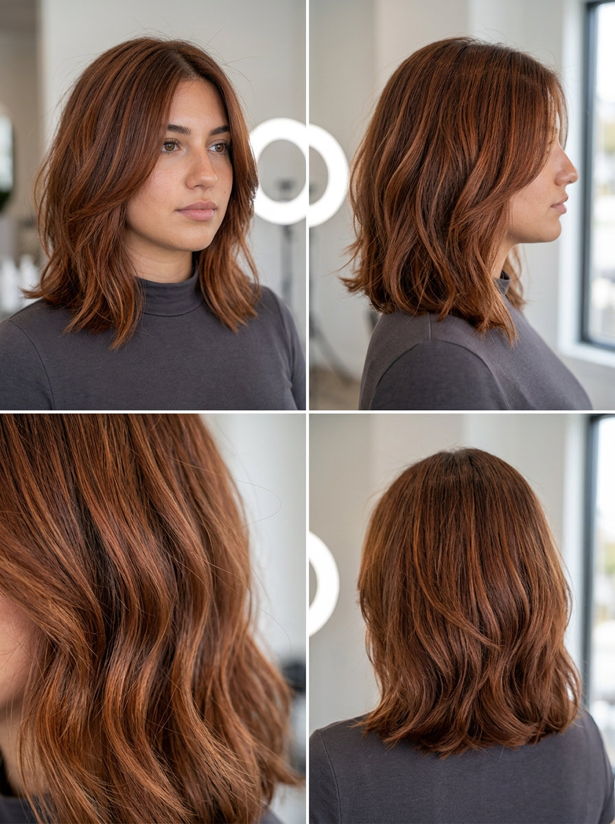 Shoulder-grazing lob with terracotta brown and copper-gold foilyage for bohemian vibe