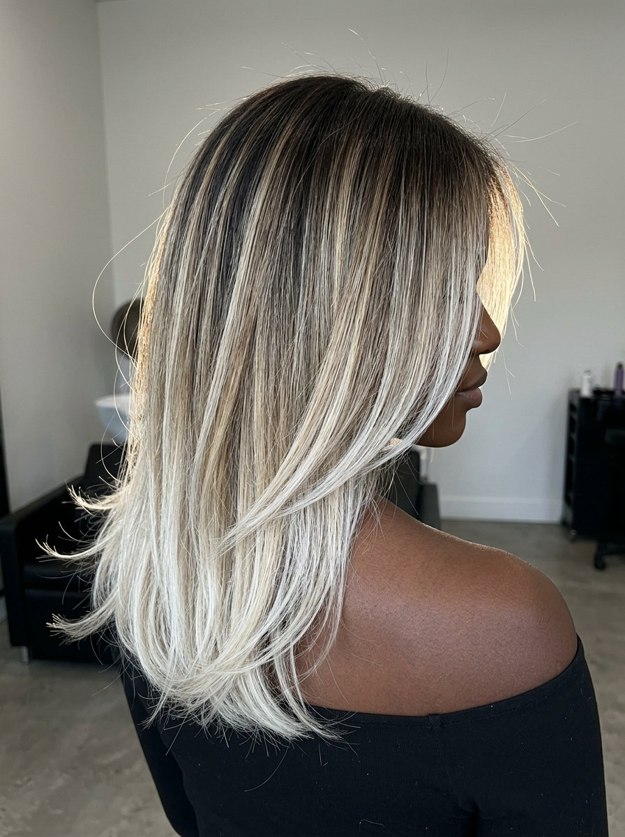 long toasted coconut air touch balayage with icy blonde ends, high contrast — bold date night