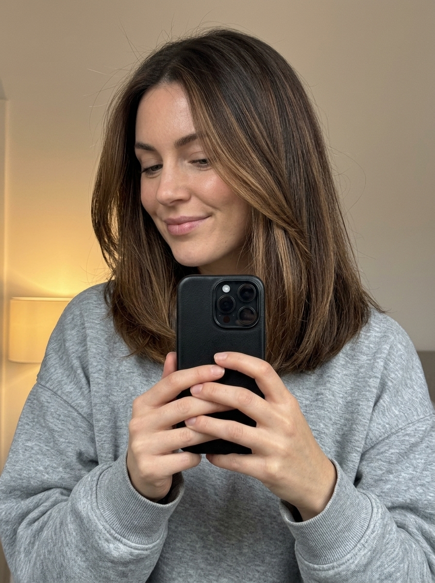 long layered warm toffee balayage on brunette base, hand-painted highlights — cozy weekend casual