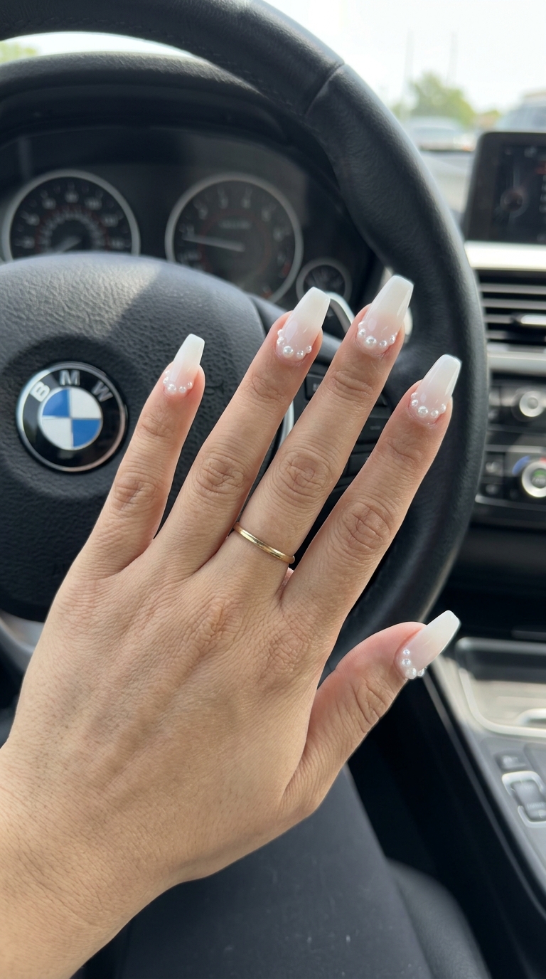 3D pearl accents coffin nails for trending summer nails 2026, perfect for weddings and formal events.