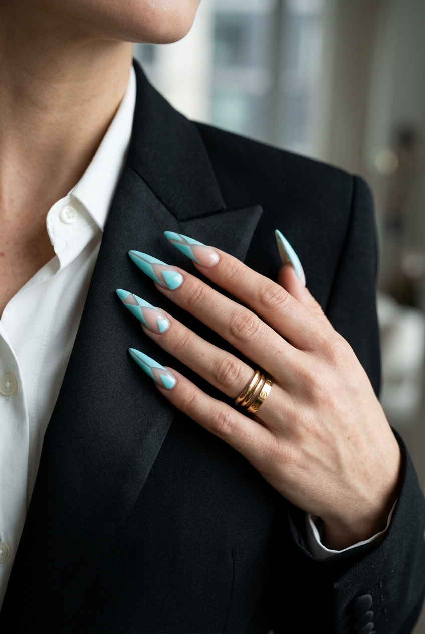Trending summer nails 2026: Edgy aqua blue negative space stiletto nails for parties and summer nights. Bold, modern, and futuristic.