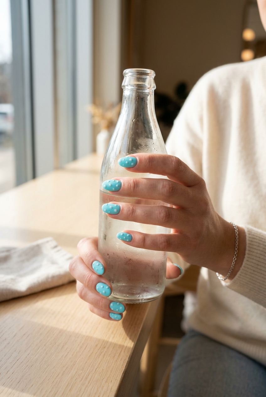 Trending summer nails 2026: Aqua Blue Textured Dots Oval nails for a playful vacation beach day look.