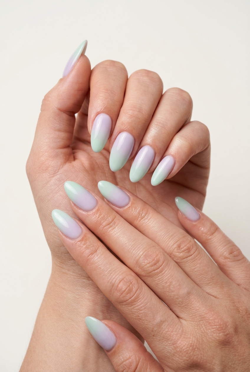 Ethereal aura gradient almond nails for trending summer nails 2026, perfect for romantic summer evenings.