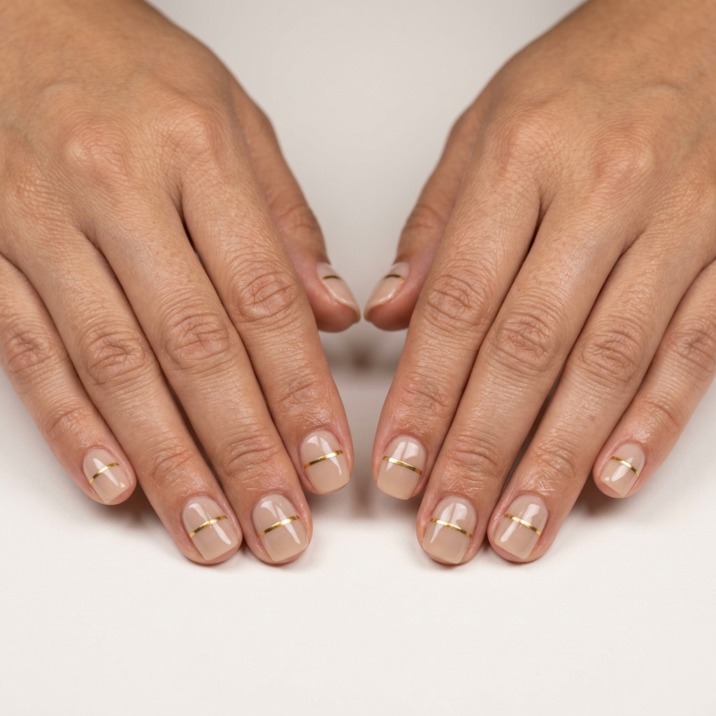 Trending summer nails 2026: Metallic Gold Stripe Squoval nails in neutral beige for sophisticated daily work looks.