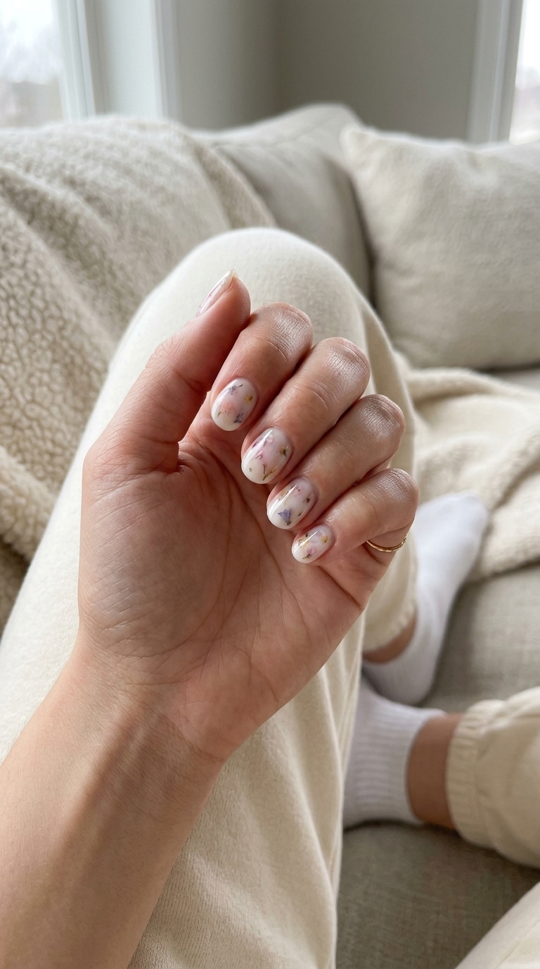 Trending summer nails 2026: Enchanted Milk Bath round nails with pastel florals for a romantic wedding guest look.