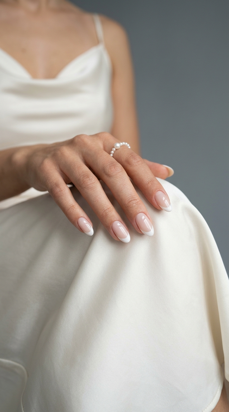 Trending summer nails 2026: Subtle Milky French Oval nails in sheer nude and milky white for elegant daily wear.