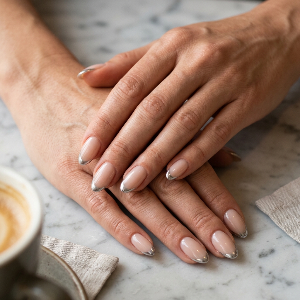 Minimalist chrome almond French nails for trending summer nails 2026, ideal for work and daily chic.