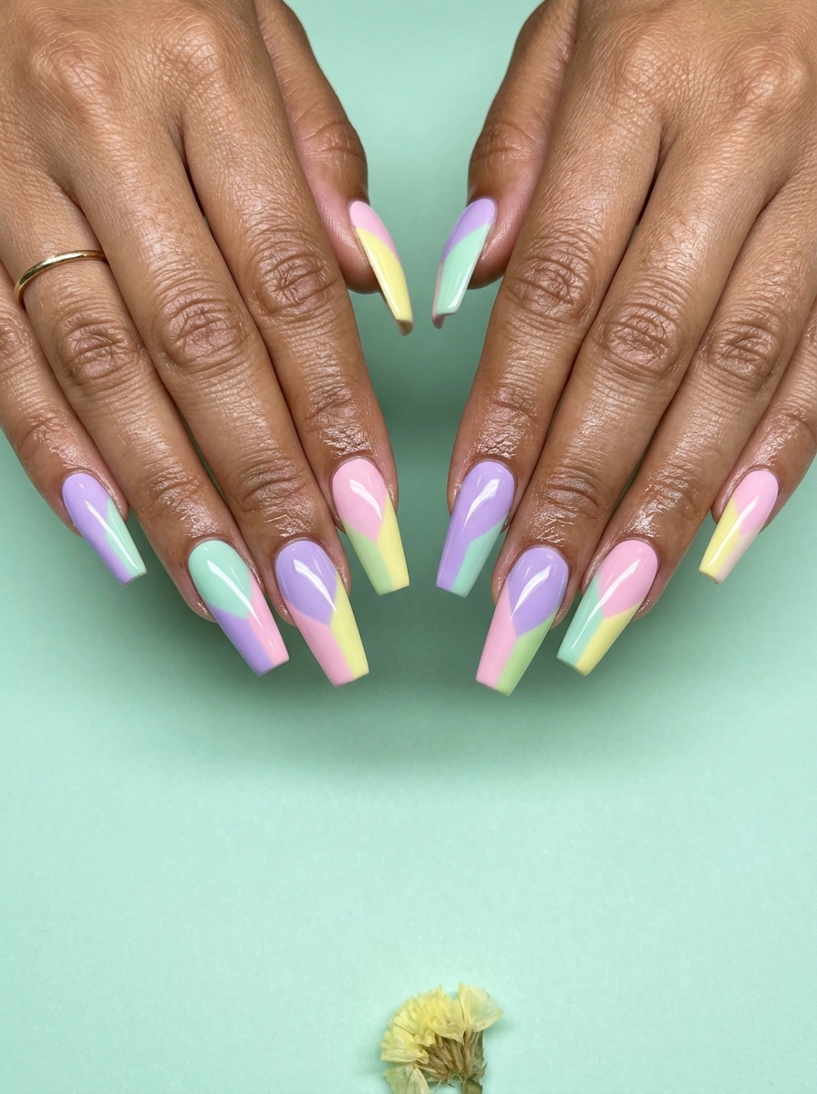 Trending summer nails 2026: Festival Color Block Coffin nails in vibrant pastels for a playful party look.