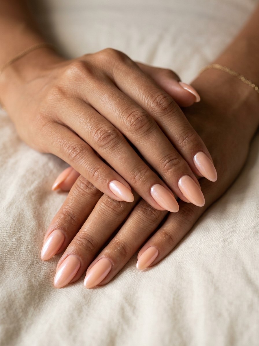 Peach fuzz pearlescent almond nails for trending summer nails 2026, perfect for date nights and semi-formal events.