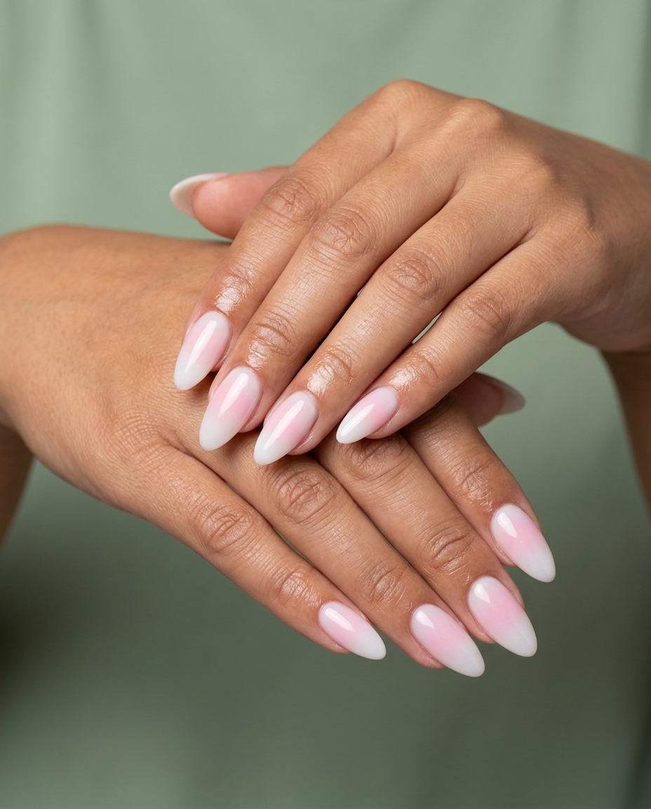 Trending summer nails 2026: Sheer Milky Aura Gradient almond nails for a dreamy wedding guest look.