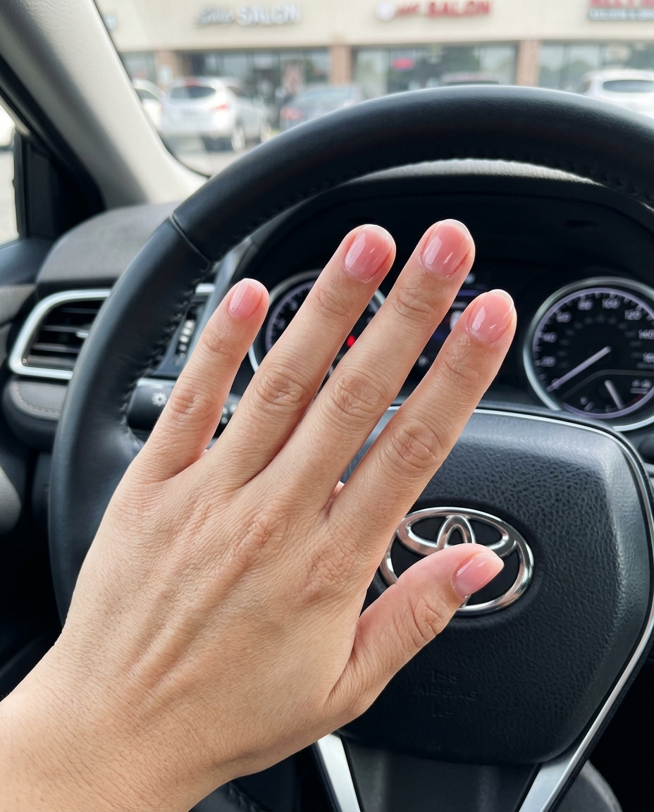 Trending summer nails 2026: Sheer pink jelly round nails for daily wear, work, and casual self-care. Clean, delicate, and polished.