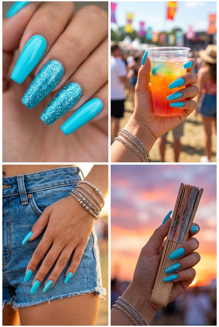 Vibrant aqua glitter accent coffin nails for trending summer nails 2026, perfect for parties and festivals.