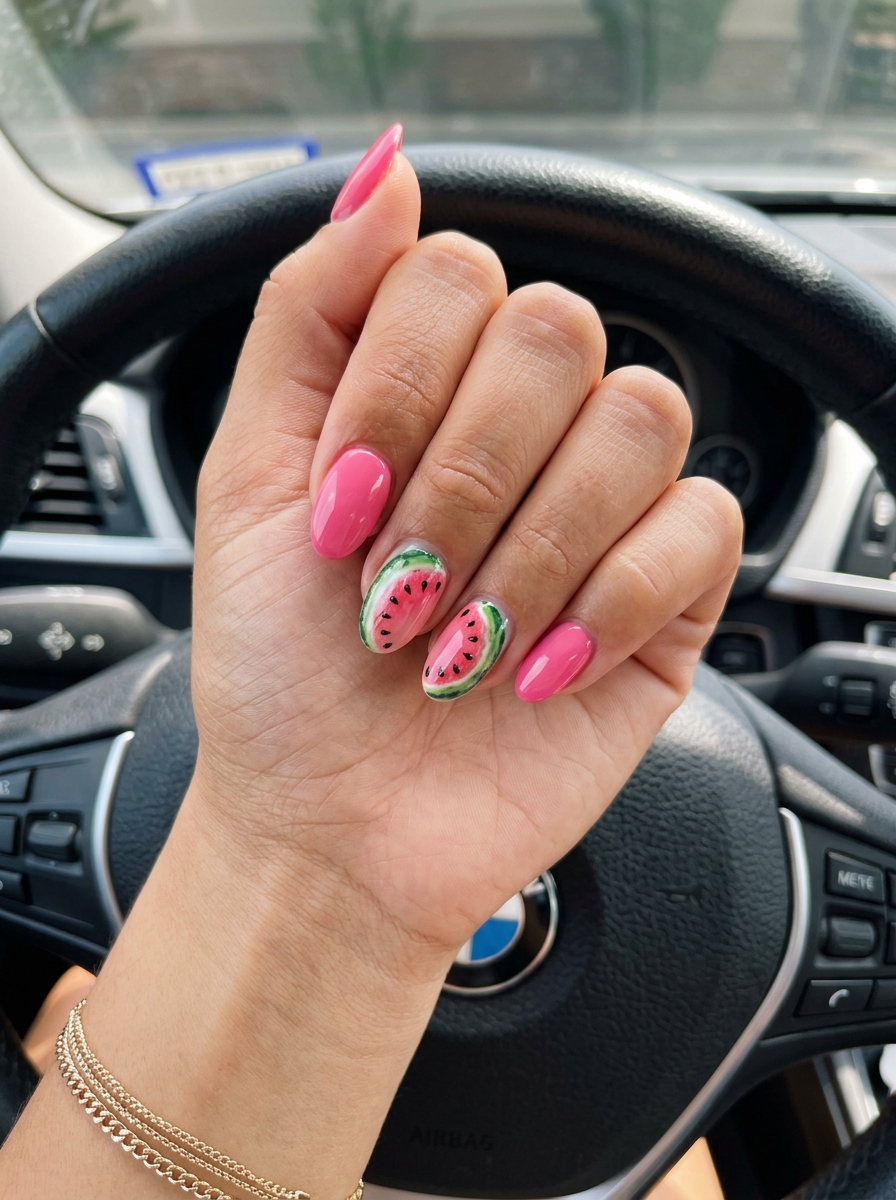 Trending summer nails 2026: Watermelon slice accent oval nails for vacation, festival, and summer parties. Playful pink, green, and black.