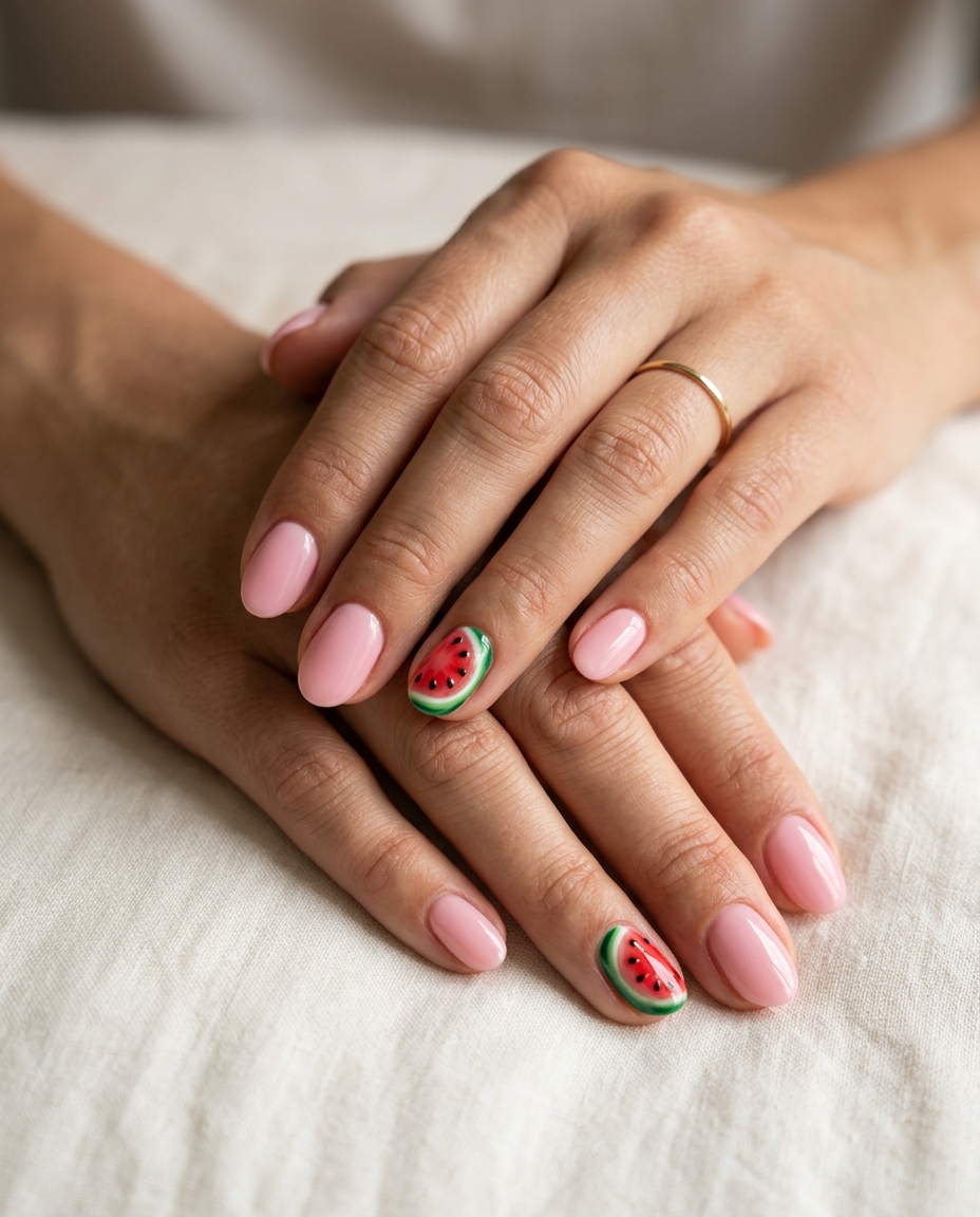 Watermelon slice accent oval nails for trending summer nails 2026, perfect for summer festivals and picnics.