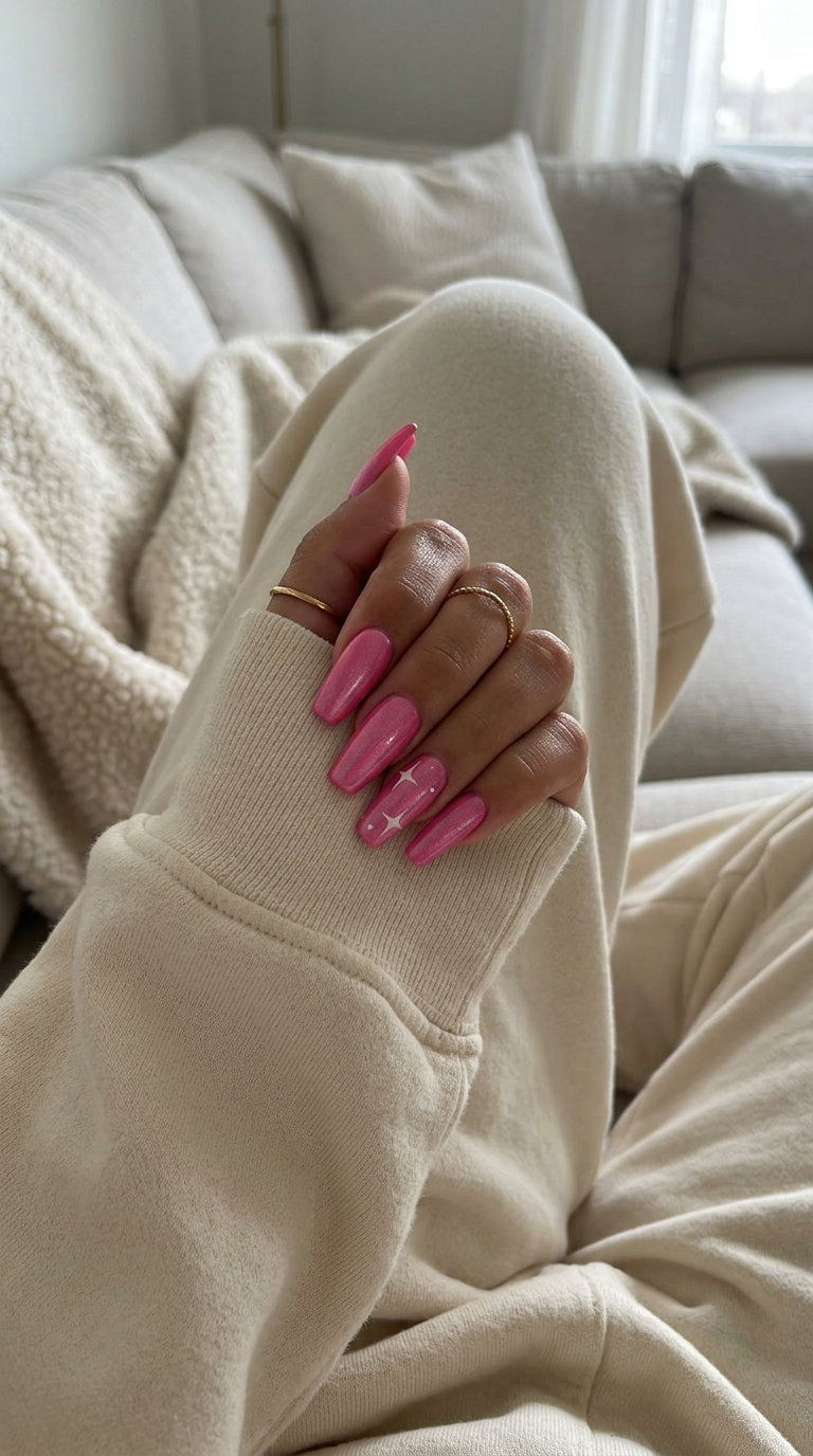 Airbrushed Flamingo Flock nails: hot pink flamingos on blue/white gradient for vacation, party, resort wear. Tropical nail designs 2026.