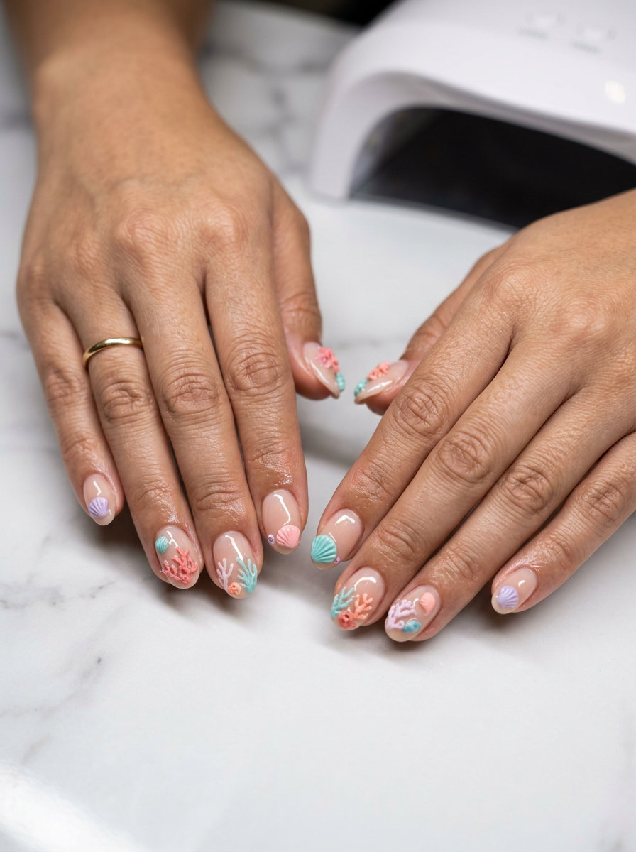 Coral Reef Charm Garden nails: glossy nude with 3D pastel charms for party, festival, summer vacation. Tropical nail designs 2026.