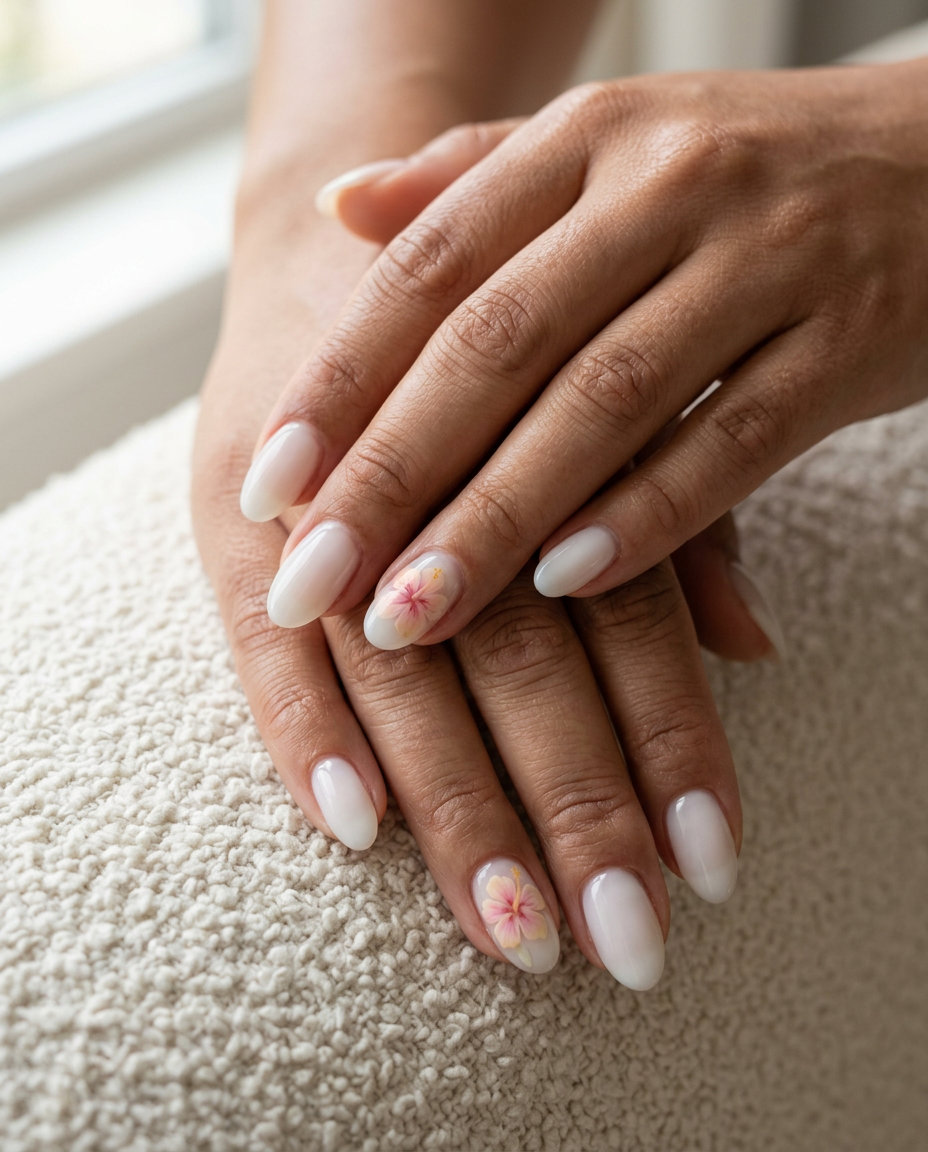 Hibiscus flower milk bath oval tropical nail designs 2026, milky white, soft pink/yellow flowers, wedding guest.