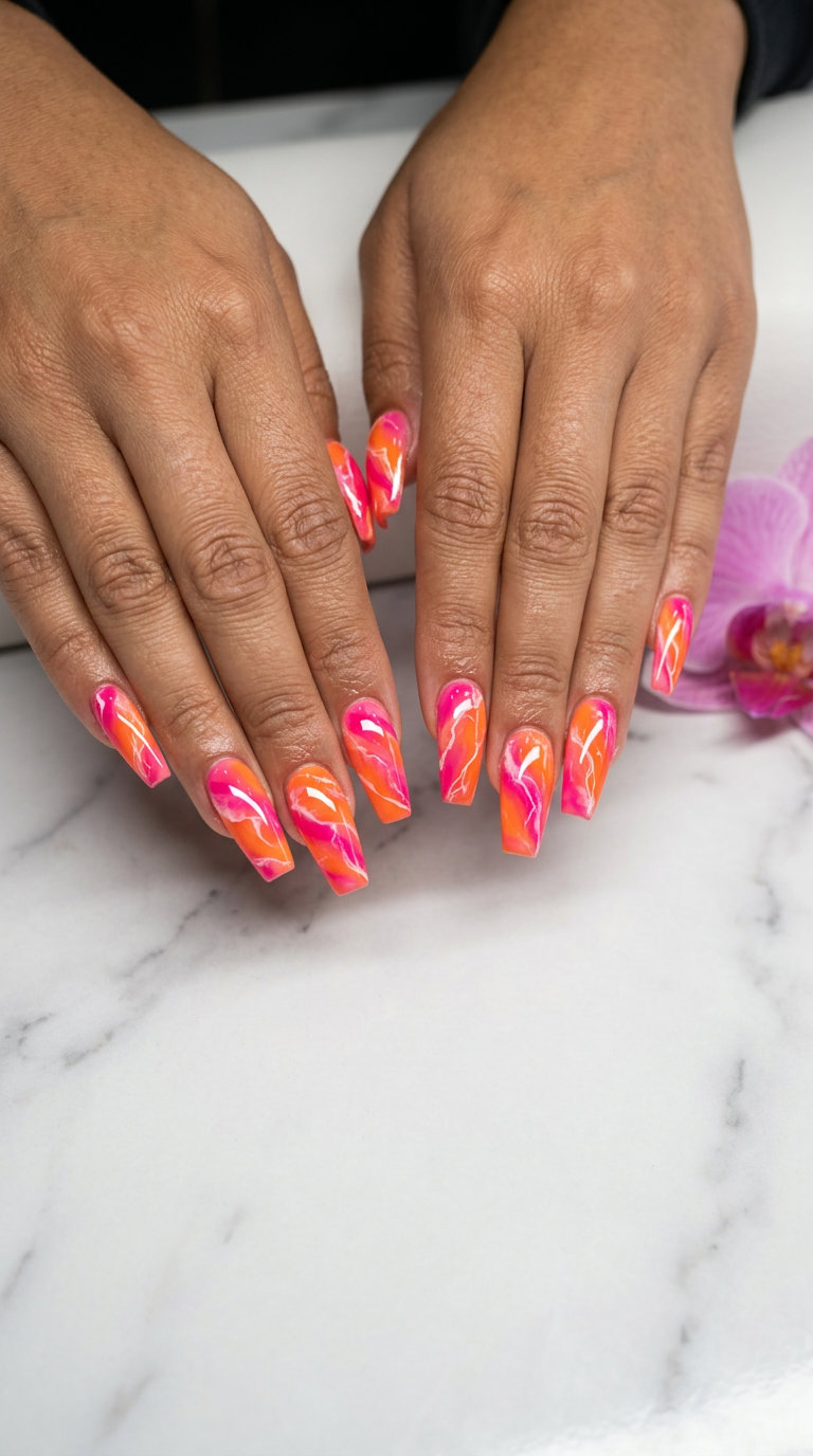 Juice swirl marble tropical nail designs 2026, vibrant orange, hot pink, white veins, vacation.