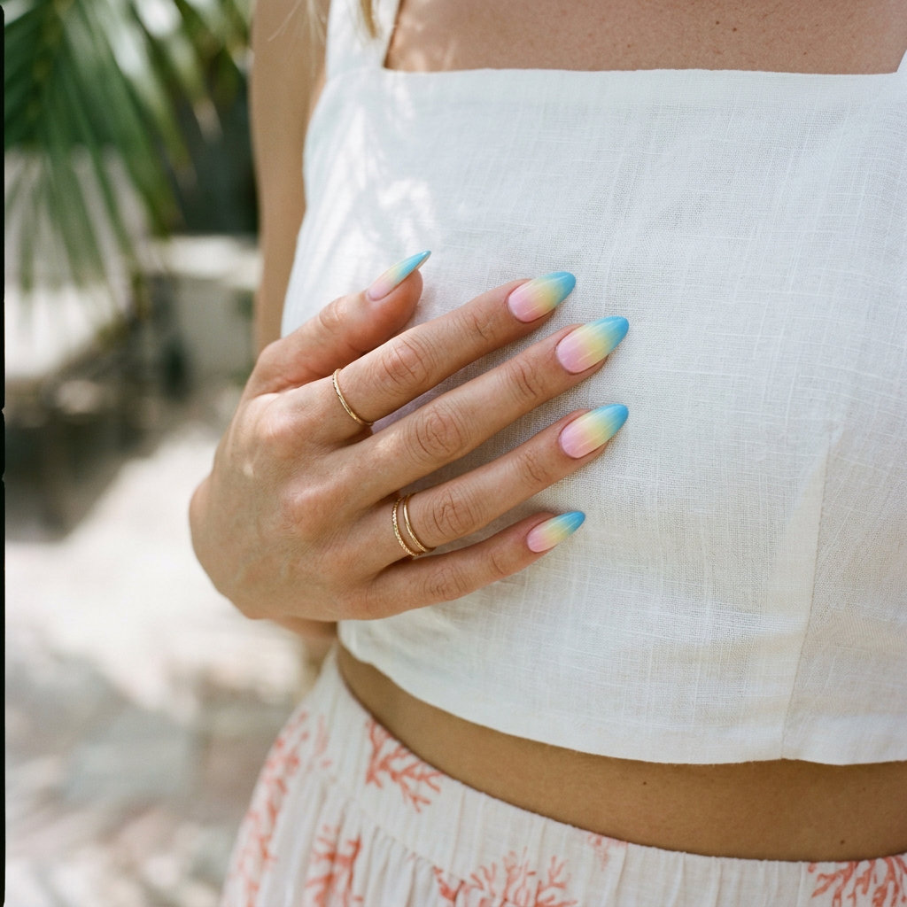 Sorbet sky airbrush ombre tropical nail designs 2026, pastel pink, yellow, blue gradient, summer vacation.