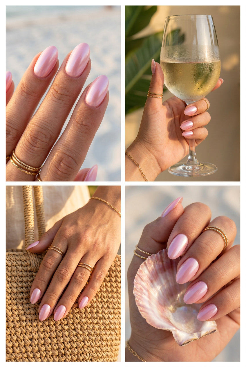 Sunset Aura Pearlescent nails: sheer coral-pink with pearlescent shift for date night, wedding guest, evening events. Tropical nail designs 2026.
