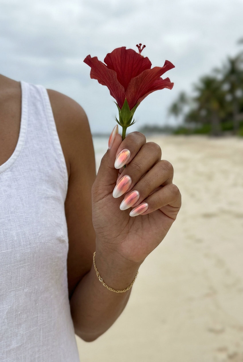 Sunset glazed aura tropical nail designs 2026, pearlescent shift coral, pink, gold, date night.