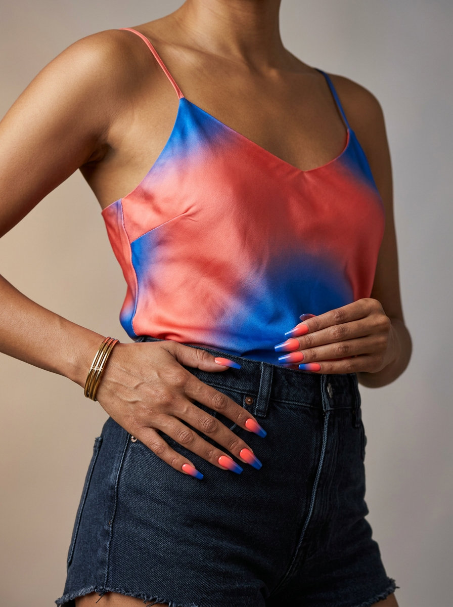 Sunset Ombre Glossy Coffin nails: coral to electric blue gradient for party, night out, festival. Tropical nail designs 2026.