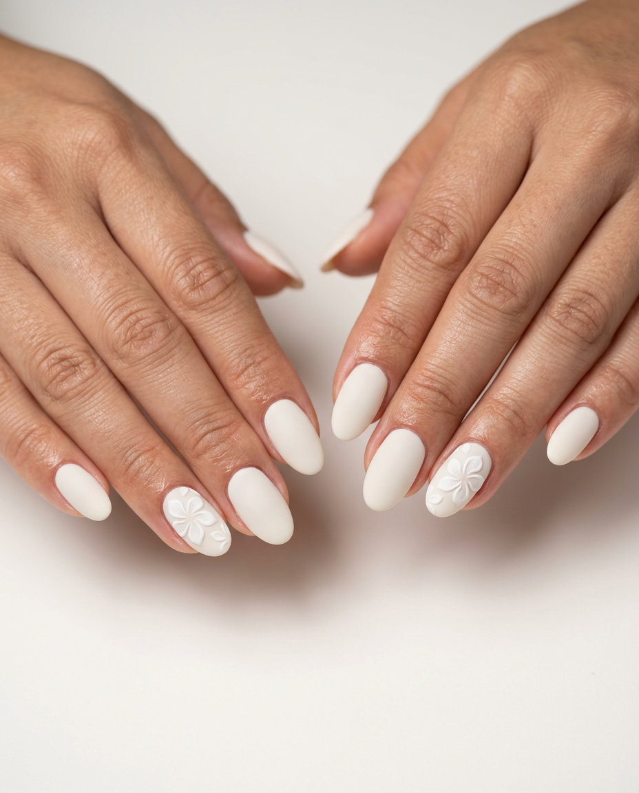 Textured floral emboss plumeria tropical nail designs 2026, matte off-white, embossed white flowers, wedding.