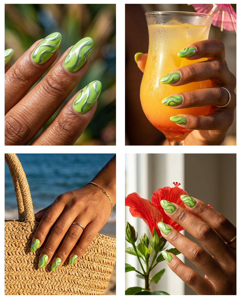 Chrome Rind Watermelon Abstract nails for tropical nail designs 2026, great for parties and festivals.