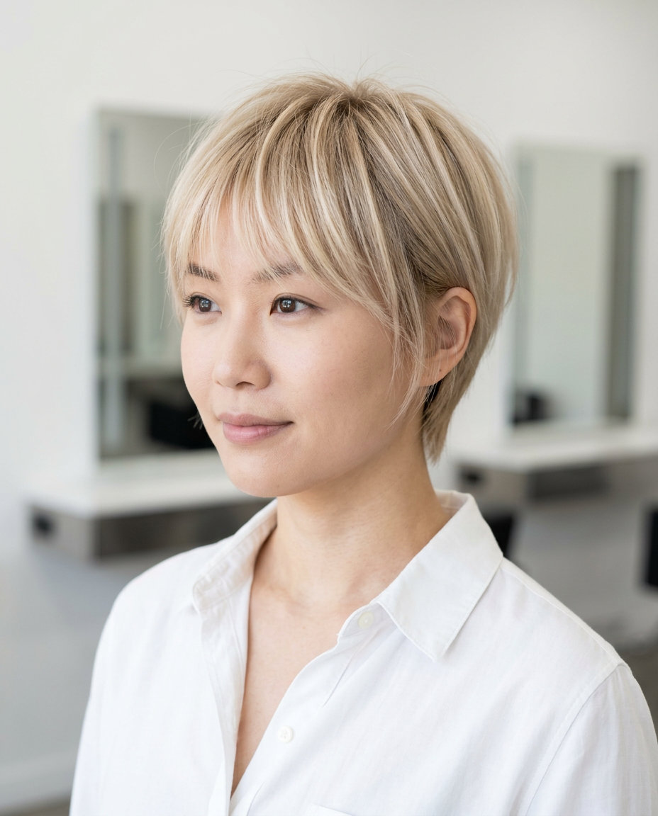 short pixie haircut vanilla blonde with golden micro-highlights, wispy ends, feathered fringe — effortless french chic