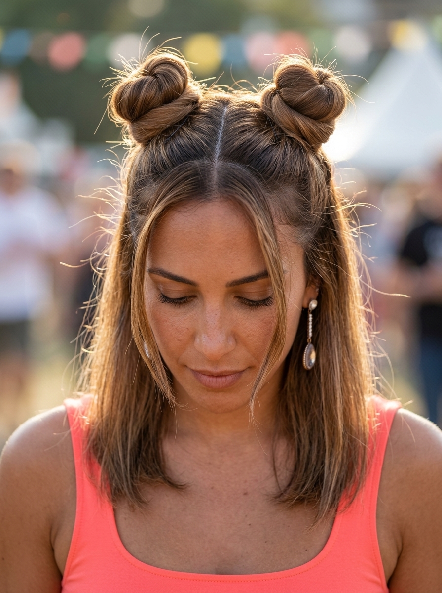 Half-Up Space Buns for Summer 2026 shoulder-length vibrant fashion color half-up space buns for beach vacation summer 2026