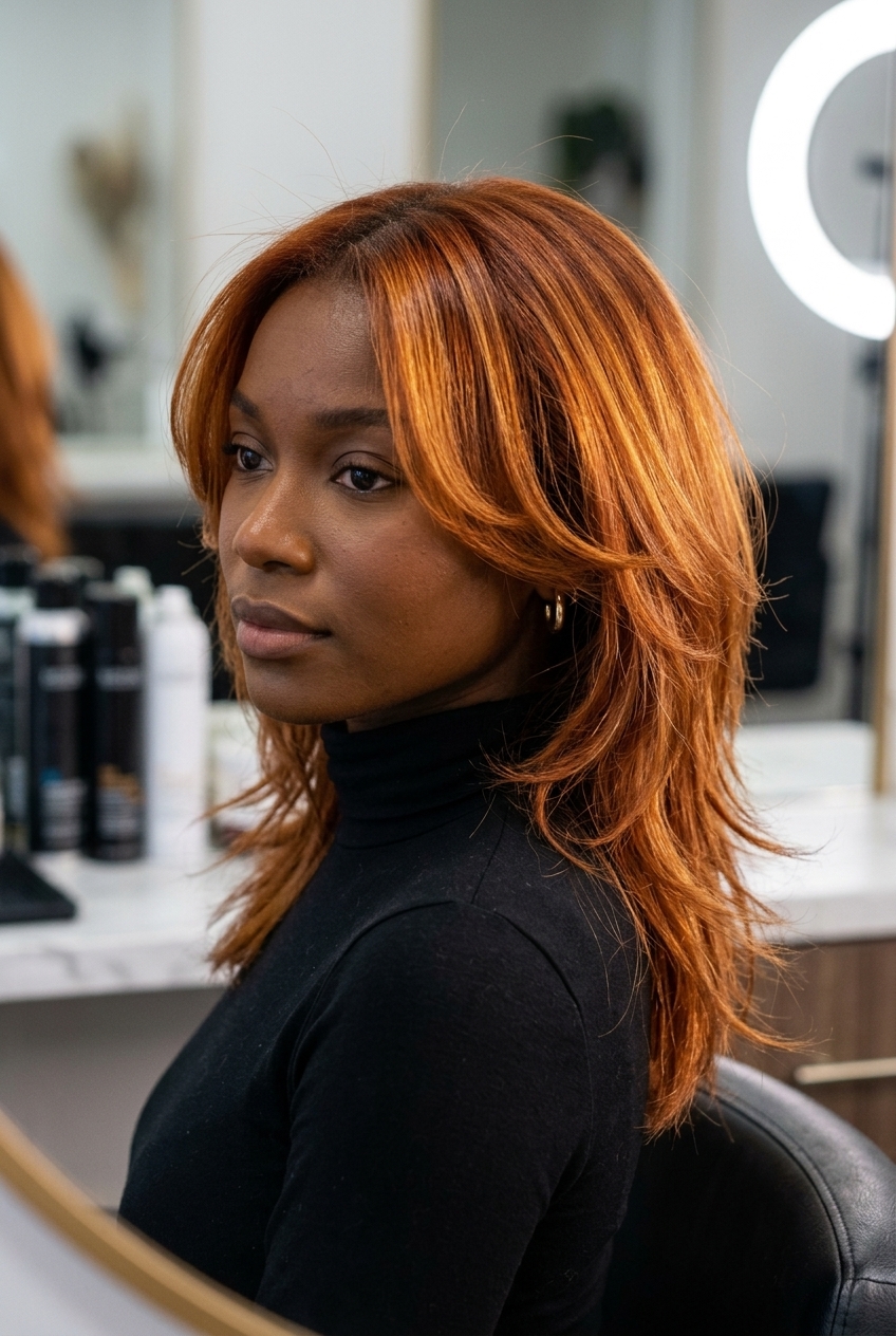medium-length flowy butterfly haircut with vibrant copper red, choppy layers, and temple face-framing for boldness