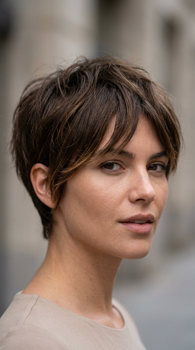 Short textured crop with walnut brown and bronze micro-highlights and faded sides for edgy look