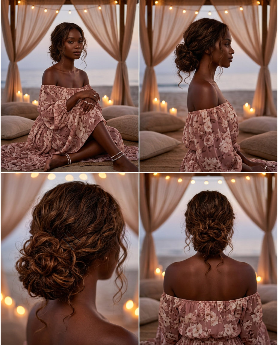 Boho Curly Low Bun 2026 long warm brunette curly bun with sun-kissed ends, loose gather technique for summer 2026