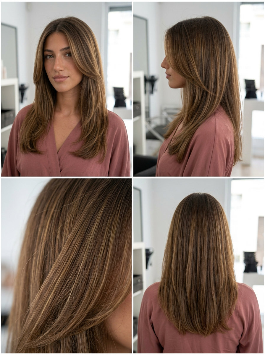 long warm brunette haircut with golden highlights and soft face-framing layers for summer