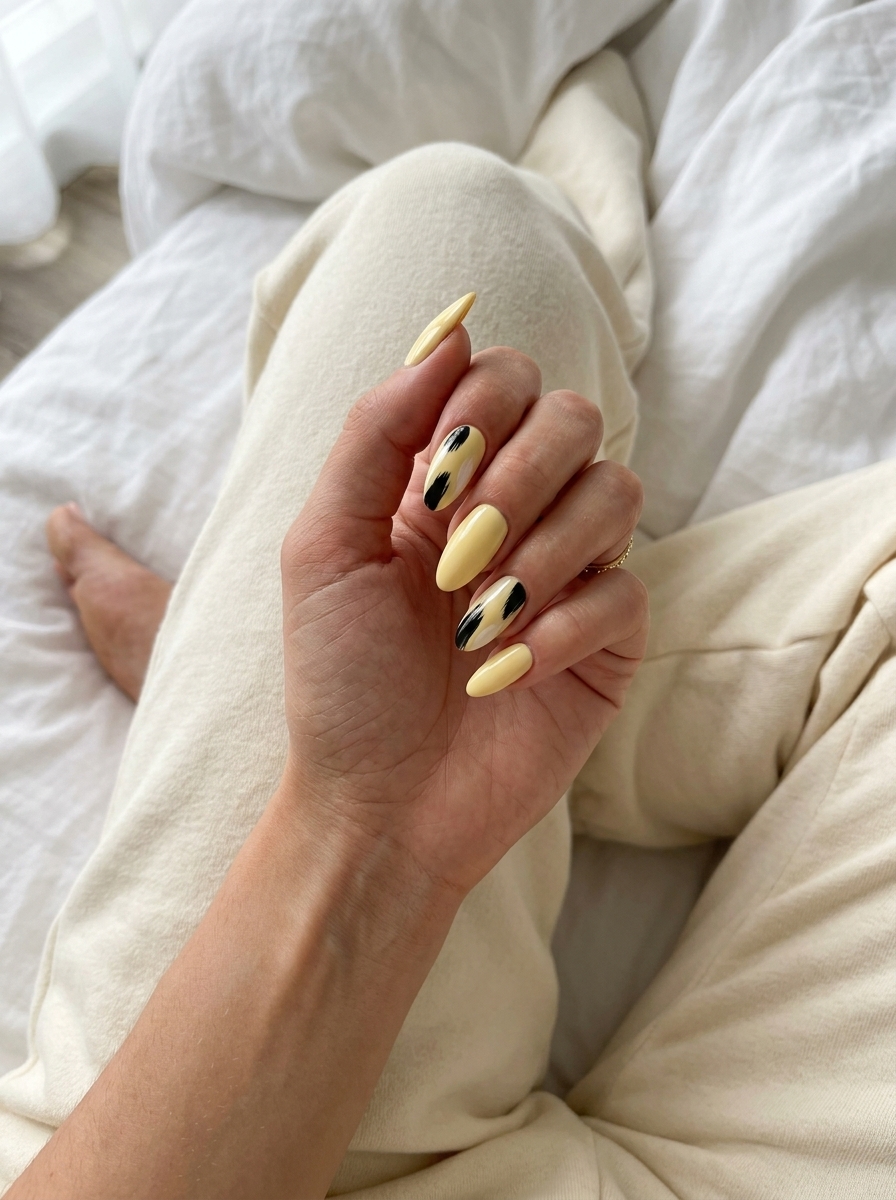 Artistic Butter Canvas Abstract: Yellow Summer Nails 2026 Artistic butter yellow nails with abstract black and white strokes for a minimalist look. Yellow summer nails 2026.