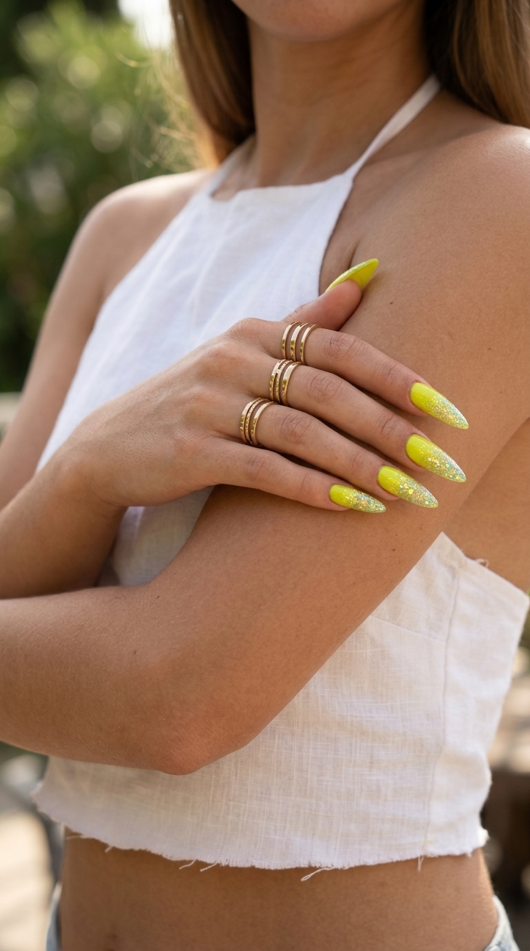 Chartreuse Glitter Gradient: Yellow Summer Nails 2026 Energetic chartreuse yellow glitter gradient nails for festivals and parties. Yellow summer nails 2026.